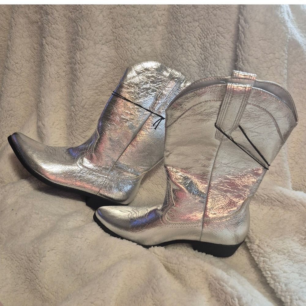 Arizona Women Silver Metallic Cowboy Boots Western Mid Calf Pointed Toe - Picture 2 of 5
